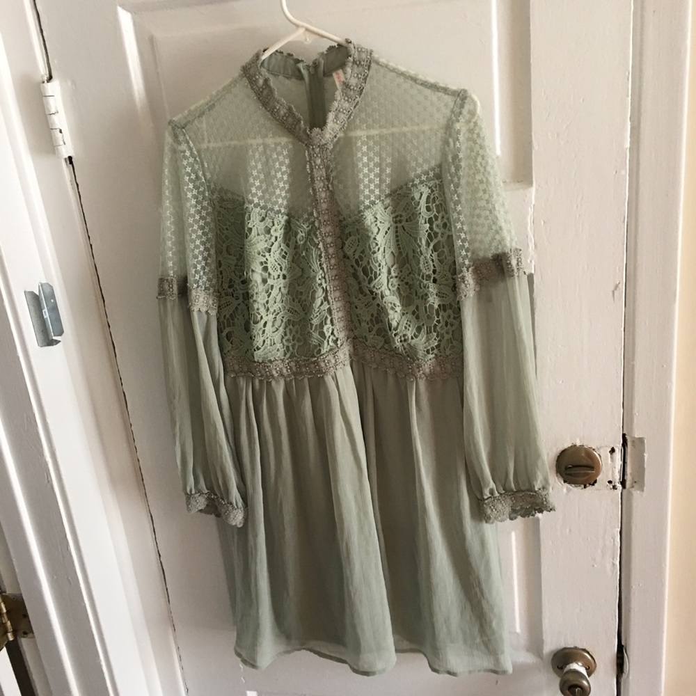 Vintage style teal long sleeve lace dress XL